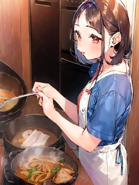 (((((1girl))))), straight hair,small breasts, red eyes, blue apron,black shirt, holding pot, amoy satay noodles, food focus, female focus, upper body,kitchen, 2d,  <lora:amoy satay noodles:1>, masterpiece, best quality,