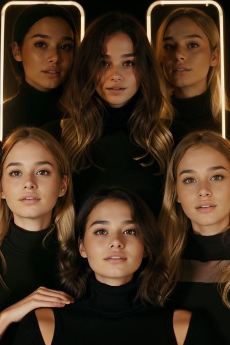 6girls, ChloeMelton, ((black background, black clothing, black turtleneck sweater, light blonde hair:1.3)), 8k uhd, dslr, high quality, film grain, Fujifilm XT3 sharp focus, f 5.6, High Detail, Sharp focus, ((masterpiece, best quality, perfect face, perfect body:1.2)), ((slim, fit:1.3)), smile:1.3, <lora:nighttime_v1:0.4>, night, candlelight