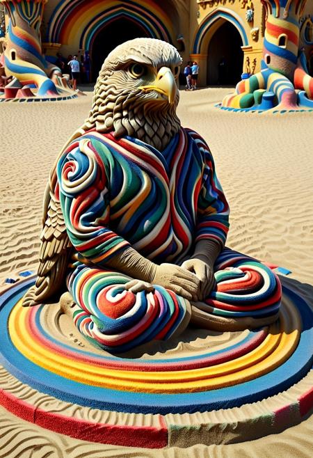 (score_10, score_9_up, score_8_up, score_7_up,), <lora:EnvyStarlightSwirlOilPainting01:1.25:hr=2>oil painting of a ((colorful sand sculpture, body suit, (sand texture) a statue made of swirling sand of a human body with the big head of a Peregrine Falcon:1.2)), ((sitting cross-legged on a multicolored sand throne surrounded by sand castles:1.2)). masterpiece, extreme detail, HD, statue, sculpture,
BREAK
dunes exterior, Extremely detailed 8K wallpaper, extremely detailed character, magical atmosphere, ultra high resolution, <lora:Batfalcon:1.5>, <lora:peregrine falcon:1.1>, <lora:statue:1.5>