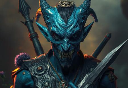 "Create an official, high-definition artwork of a non-binary Scrap Hunter in a dramatic pose on a Spell Sanctuary background. The focus is on intricate, lifelike details, with a golden ratio composition. The Scrap Hunter should have sharply defined shoulders, a spear and knife, and a thistle symbol of their villainous status. The face should be accurate and intimidating, with a hint of alien features. The color scheme should be deep blue. The final image should be ultra-detailed, suitable for a listing or stock photo. Realistic eyes and sharp teeth are essential, as well as gearwheels and squelch effects. The image should aim to trend on cgsociety and have a 4k resolution."