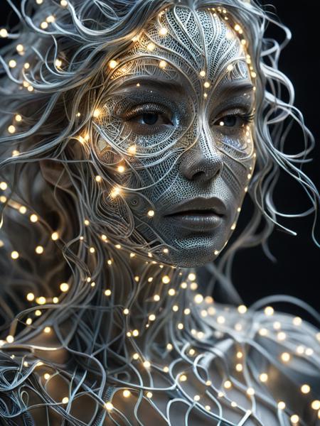 A surreal, hyper-realistic digital 3D sculpture of a human face and upper torso, made entirely of ultra-thin, flowing, contoured layers. Each layer is individually cut with clean gaps between them, creating a floating, sliced topographic structure. The design emphasizes curvature and movement, with all contours elegantly aligned to define facial and body anatomy. The face is calm, expressionless, almost ethereal, seamlessly embedded in the layered design. Thousands of tiny glowing lights are scattered precisely along the edges of each contour line, simulating bioluminescent or nano-LED particles. The scene is monochromatic in grayscale tones, lit by high-contrast studio lighting, casting dramatic shadows between the floating layers. Set against a pitch-black background. Extremely high resolution, intricate geometry, futuristic and modern aesthetic, inspired by parametric architecture and generative design.

