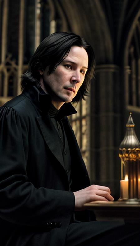 super close up, highly detailed photo, ultrares, highres, 4k footage, realistic photo, in The Great Hall of Hogwarts castle, Keanu Reeves in the role of Professor Snape, sitting alone, thinking, night light falling on him, wide shot, full body, front view