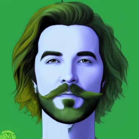 dskyart1, digital art, illustration, incredible masterpiece,a drawing of a man with a green hair and beard and a beardcut on his face and a green shirt, Alex Brightman, Beetlejuice the musical, digital art, a character portrait, dnd character art portrait,  looking at the camera, a character portrait, digital colors,  ligne claire, cinematic,  dskyart1