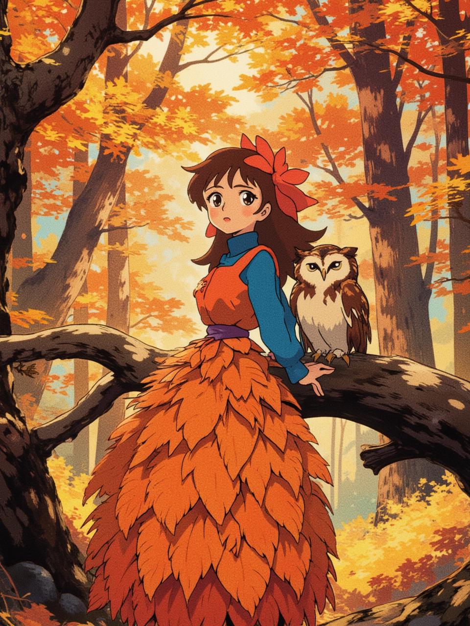 Close-up portpait. A whimsical autumn forest scene, showcasing a female figure dressed in a vibrant orange dress made of layered leaves, complemented by a bright blue top. An owl perches on a gnarled branch nearby, its feathers a rich mix of browns and whites. The background features tall trees with striking orange and gold foliage, illuminated by warm, soft sunlight filtering through the leaves, creating a dreamy, impressionistic atmosphere. The color palette includes warm oranges, deep browns, and hints of soft blues, evoking a sense of tranquility and magic in the heart of the autumn season. Miyazaki 1990s anime art <lora:Miyazaki v2:0.8> <lora:fca_style_32:0.6> <lora:RetroAnimeFluxV1:0.8>