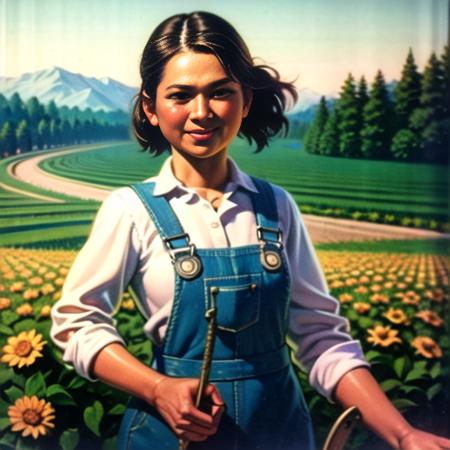 (best quality, masterpiece:1.2), photorealistic, ultra high res, front lighting, intricate detail, Exquisite details and textures, 1girl, Wearing overalls and holding a sickle, standing next to the cultivated field
 <lora:hongse:1>