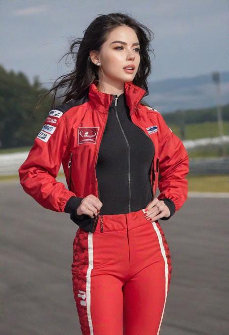 (red jacket, red racing uniform, long racing pants:1.5),  on circuit,  diamond earring, pendant, (mouth open), full body,
1 girl, 20 yo, solo focus, skinny, pale skin, soft lips, (light eyebrow:1.4),shiny blue eyes, black hair, small breasts, beautiful detailed sky, floating hair, (nose blush), beautiful detailed eyes, full body