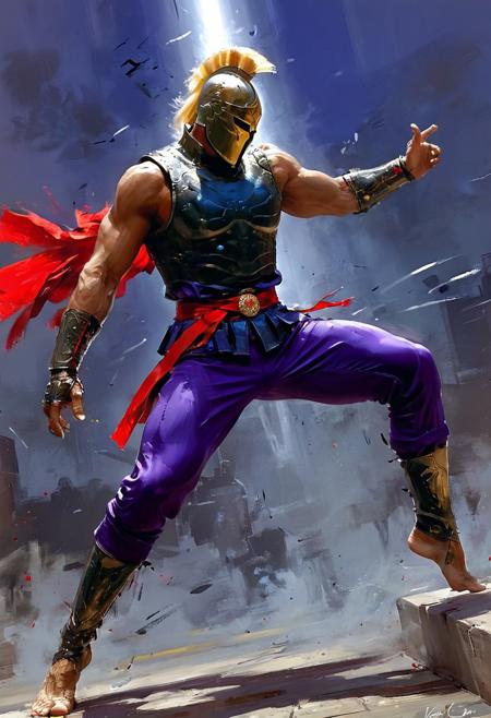 highly detailed and realistic art style with expressive, bold brushstrokes,chiarroscuro, (((light ray))),
A graceful, deadly Spanish ninja in a striking pose, perched or mid-flip with feline agility. He wears a sleeveless matador-style outfit: tight purple pants with a red sash belt, golden accessories, and a masked face that hides his identity. His upper body is bare, showing off a lean, sculpted physique with strong abdominal definition. His signature steel claw glints on his right hand — long, curved, and dangerous. A white mask covers his face, leaving only intense eyes visible, exuding both vanity and menace. His long blond hair flows dramatically in motion, catching the wind as he moves. The background suggests a moonlit rooftop in Barcelona or a shadowy arena. The atmosphere is sensual and threatening — elegance mixed with danger. Stylized lighting, sharp contrasts, a blend of beauty and violence. Street Fighter art style with gothic and dramatic flair