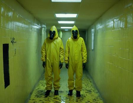 two humans and strange horror creature, humans wearing yellow hazmat suit and gazmask pictured in weirdcore aesthetic style, liminal space underground with slides and flooded and tiles on the walls, weird, distorted <lora:weirdcore_v3-000002:1>