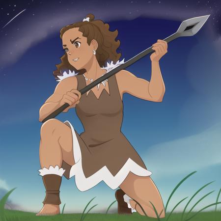 Zazzalil, full body, "sleeveless brown dress", bare arms, forehead, v eyebrows, <lora:Zazzalil-06:1>, holding spear, field, night, squatting, sweat