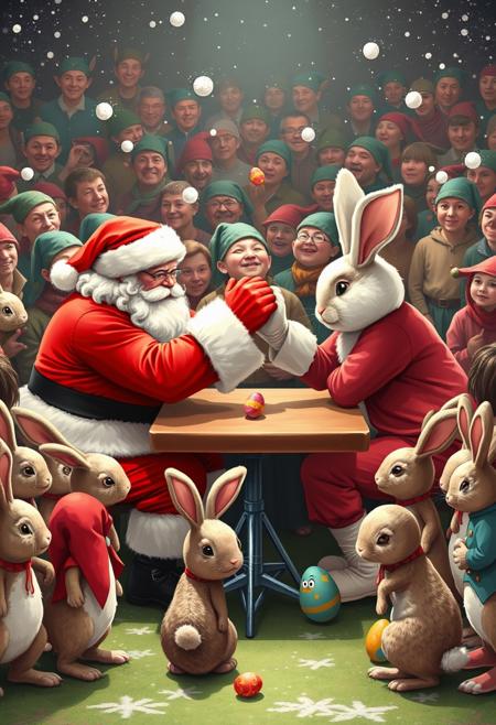 An image of Santa arm-wrestling the Easter Bunny. Both Santa and the Easter Bunny are sitting across from each other at a table, trying extremely hard to win. The crowd is split into two groups. One is a group of santa's elves standing behind Santa. The other is a group of bunnies standing behind the Easter Bunny. The group of elves are throwing snowballs at the group of bunnies. The group of bunnies are throwing Easter eggs at the group of elves. The bunnies and the elves do not like each other.