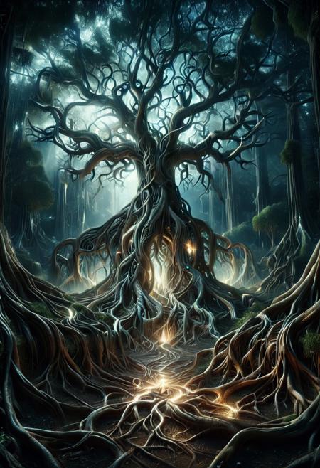 a massive ancient tree with glowing roots emerging from a sacred ground, roots forming mystical symbols, ethereal light surrounding, fantasy landscape, epic perspective, hyperdetailed, cinematic lighting, atmospheric depth, wide-angle view, ultra realistic, morph-treeroots
<lora:TreeRoots_SDXL:1.0>