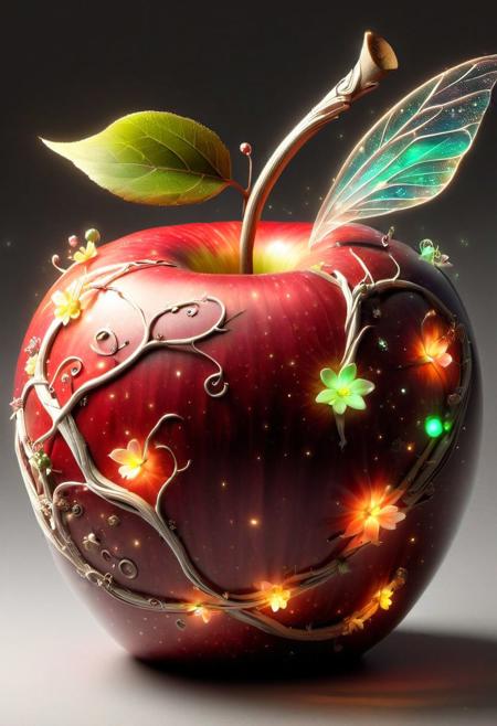 <lora:Fairy_Style_SDXL:1> An ais-fairy apple, glowing with a soft, ethereal light, as if about to offer a fateful choice.