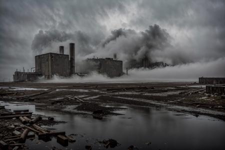 a movie still of landscape of industrial ruins, cinematic, fog, gloomy, dark, scary, master piece, dramatic light, ultra detailed, ultra high quality, sharp focus, 8k uhd, dslr, soft lighting, high quality, 25mm f1.4, film grain, fujifilm xt3, by  Andrei Tarkovsky  <lora:XSArchi_135Ruins sceneåºå¢åºæ¯:0.4>