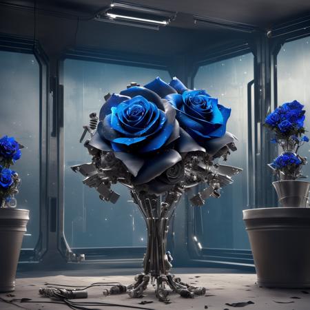 a (mechcd, shiny:1.2, glowing:1.2, metal:1.2, mechanical parts, cyberpunk, blue theme:1.3) (rose:1.5), (flower:1.2), botany, the rose are in the vase, (solo:1.2), <lora:mechcd-000008:0.8>, no humans, high quality, masterpiece, realistic, photorealistic, (indoors, full body, science fiction, at night, dim light),