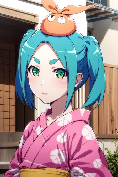 1girl, solo, looking at viewer,
ononokiyotsugi, aqua hair, short hair, green eyes, twintails, thick eyebrows,
japanese clothes, kimono, pink kimono, hat,
inside, house, 
<lora:ononoki-yotsugi-test-v2:0.8>