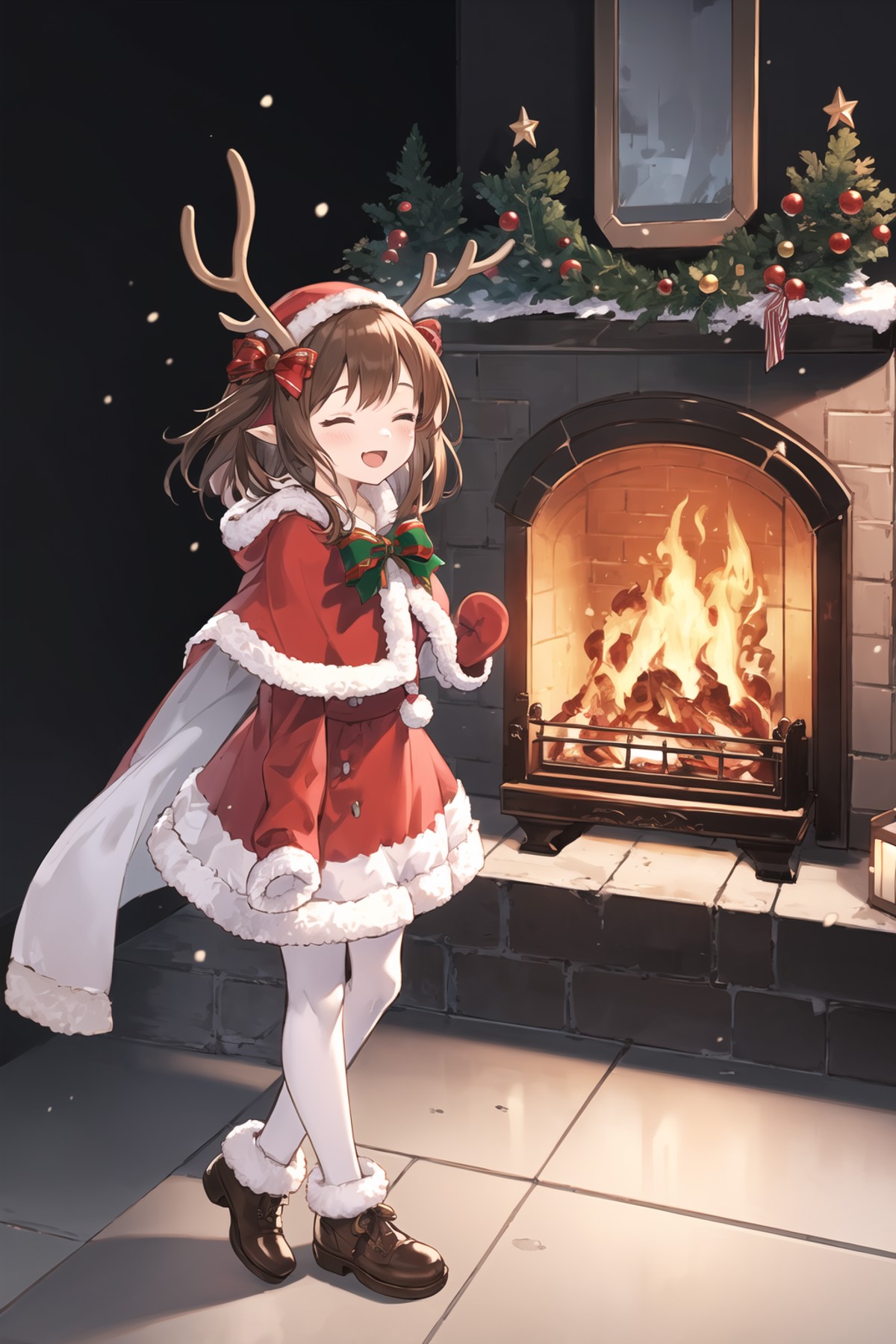 1girl, transparent background, closed eyes, open mouth, brown hair, white legwear, solo, smile, antlers, christmas, firepl...