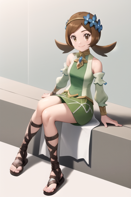 masterpiece, best quality, <lora:LyraSygna:1>, lyra \(pokemon\), brown eyes, green skirt, green dress, sitting, full body, smile, gladiator sandals, circlet, hair flower, detached sleeves,