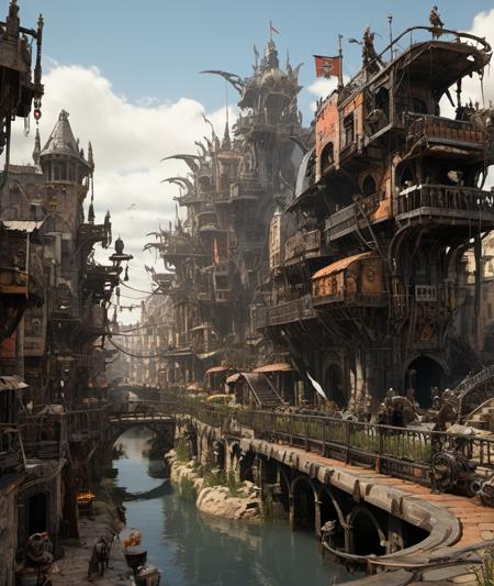 , <lora:ScrapBuiltAI:1> scrapbuiltai, madmax style, postapocalyptic,       a grand capital city nestled in the heart of a magical realm inspired by Dungeons and Dragons. The city stands as a testament to both architectural splendor and mystical enchantments. The streets are bustling with life, filled with a diverse array of creatures, both human and fantastical, going about their daily routines. The buildings showcase a harmonious blend of traditional medieval design and whimsical magical enhancements. Ornate bridges span over flowing rivers and canals, connecting various districts of the city. Gardens and parks are interspersed throughout, teeming with vibrant, otherworldly flora and fauna. In the central square, a magnificent fountain serves as a gathering place, its waters sparkling with magical energies.