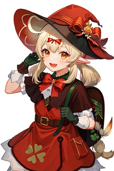 best quality, masterpiece, highres, solo, {klee_genshin:1.15}, bangs, pointy_ears, twintails, ahoge, hair_between_eyes, long_hair, low_twintails, hat, sidelocks, red_headwear, smile, hat_feather, cabbie_hat, open_mouth, red_eyes, bag, blonde_hair, clover_print, light_brown_hair, backpack, :d, hat_ornament, orange_eyes, 1girl, alternate_costume, bow, looking_at_viewer, ribbon, witch_hat, bowtie, hat_bow, short_sleeves, simple_background, frills, gloves, white_background, belt, black_gloves, capelet, red_bow