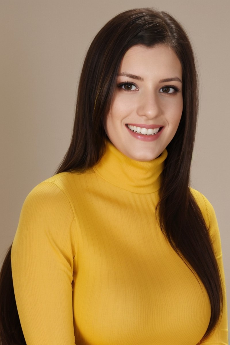 Portrait photo of s3ptc4rr1n0 woman, yellow turtleneck blouse, sharp, high definition, photograph, smiling