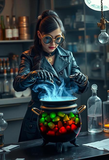 A femme fatale in a science lab, wearing black rubber overcoat, robotic hands, and brass goggles, works on a rainbow cauldron on a table, steampunk, cyberpunk, hyper-maximalism