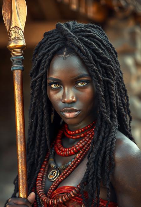 (masterpiece), (ultra realistic), (8k, cinematic lighting), (ambient_occlusion), (volumetric shadows), (rim lighting), ((exceptionally beautiful red-haired woman)), 22 years old beautiful woman, grey eyes, dark melanin skin, soft hourglass figure, long black coily hair with beads, wearing a zulu women warrior attire, outside holding a golden spear.