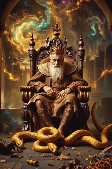 pin cushion queen on old king with a white beard sitting on a wooden throne. Old and broken hall with debris at his feet. 
Golden snakes crawling on the floor and at the ceiling.
The background dissolves into a dreamlike landscape of swirling colors and abstract shapes, creating an atmosphere of mystical connection..