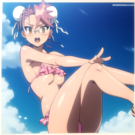 masterpiece, best quality, best aesthetic, 
takagi saya, solo, open mouth, cleavage, brown eyes, swimsuit, bikini, frills, glasses, hair bun, double bun, transparent background, sandals, crossed legs, outstretched arm, foreshortening, frilled bikini, pink bikini, bun cover, high quality, absurdres, full body, 8k,  <lora:Saya_Takagi-09:1:ALL>