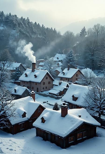 A peaceful winter village nestled in a blanket of freshly fallen snow, with soft chimney smoke curling into the crisp air. Ivan Fedorovich Choultsé brings a serene beauty to the snow, with intricate textures capturing the light as it reflects off the rooftops and trees. Robert Longo’s dramatic lighting intensifies the contrast between shadowed alleys and warmly lit windows, while David Eichenberg’s precision adds rich architectural detail, from snow-dusted rooftops to frosted windowpanes. The entire scene evokes a tranquil, yet vivid, sense of winter's charm.
vivid colors.
detailmaximizer, aidmaMJ6.1,  Movie Still, Film Still, Cinematic, Cinematic Shot, Cinematic Lighting, detailxl, flux-style, midjourneyv6.1