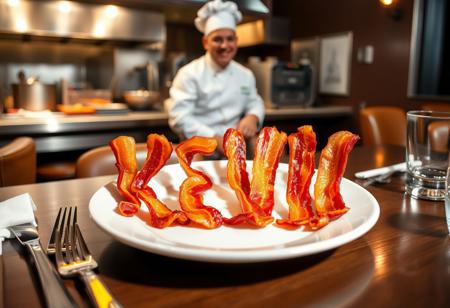 The name ‘KEVIN’ spelled out using crispy, golden-brown bacon strips, carefully arranged on a white ceramic plate. The plate sits on a restaurant table with a clean, stylish table setting—silverware, a napkin, and a glass of water nearby. In the background, a professional kitchen is visible, where Kevin the famous actor named as the meal, dressed as a chef in a classic white uniform and hat, is preparing more bacon with a confident smirk. The lighting is warm and inviting, capturing the delicious texture of the bacon and the lively restaurant atmosphere