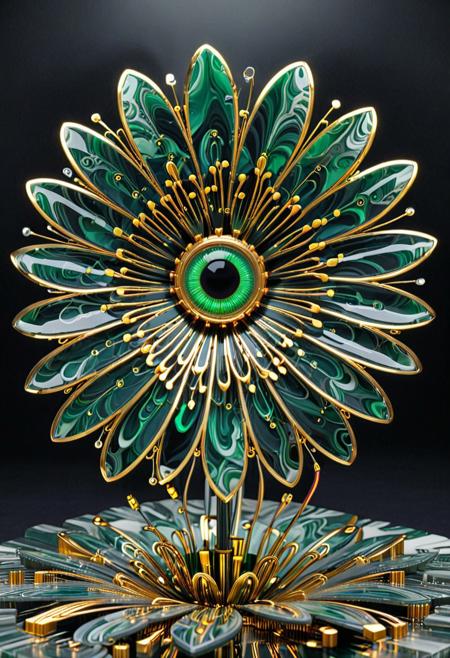 best quality, masterpiece, high resolution, intricate detailed,
(magical flower with eye:1.2) made of black and green Liquid Marble, melting,
made out of transistors, LED, wires,
with intricate geometric circuit board patterns, high detail,
gold veins, ethereal, majestic, detailed digital art, close up, ground shot, 
dark background,