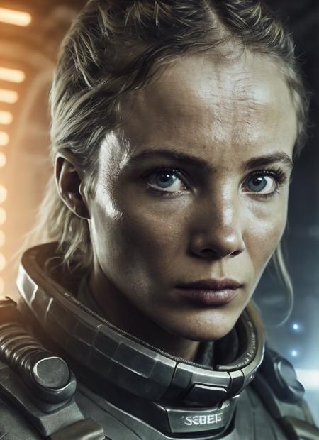 close up photo of sks woman, rugged space trucker, inside industrial spaceship, futuristic science fiction, action scene, digital concept art, realistic, intricate detailed textures, filmic, cinematic, environmental character portrait, <lora:locon_freyaallan_v1_from_v1_64_32:1.25>