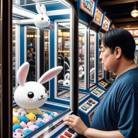 old fat man, solo, upper body, CLGM, arcade, crane game, shop, glass, looking outside, stuffed toy, from side,  toy bunny, crane \(machine\) <lora:crane_game_v1:0.6>