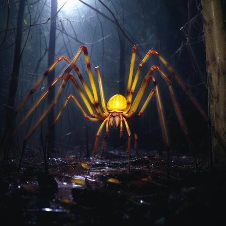 highly detailed documentary photo of giant spider:1.3,

solo, ((distant shot)), ((yellow body)), dark forest, night,

masterpiece, best quality:1.1, 

ultra photoreal, photorealistic:1.0, sharp focus:1.1, 
depth of field:1.1, 

50mm, style of Nathan Wirth, Hasselblad X1D II, Porta 160,
