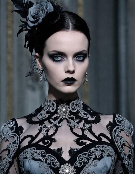 Gothic style <lora:Didier Mouron CLIP Fashion-000005:1>,inspired by Aramenta Dianthe Vail,Didier Mouron,dress,fashion,, Fear theme, fear, scared,  raised eyebrows, clenched teeth, grimace, perspiration,tremble, black, (gray:0.6), (pale blue:0.3), (wide-eyed:1.1), . Dark, mysterious, haunting, dramatic, ornate, detailed