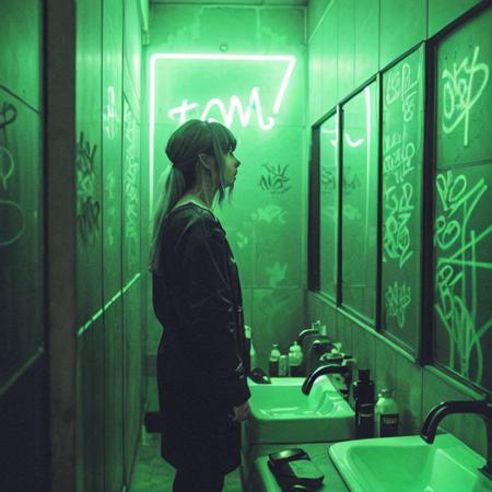 DSLR photo, Raw photo, a woman in a public bathroom, neon sign on wall, dark, 8k, contrast, detailed, intricate, looking in mirror, graffiti on walls, green lighting, UndergroundClub, <lora:UndergroundClub:0.6>, soft lighting, realistic, hard shadow, masterpiece, best quality