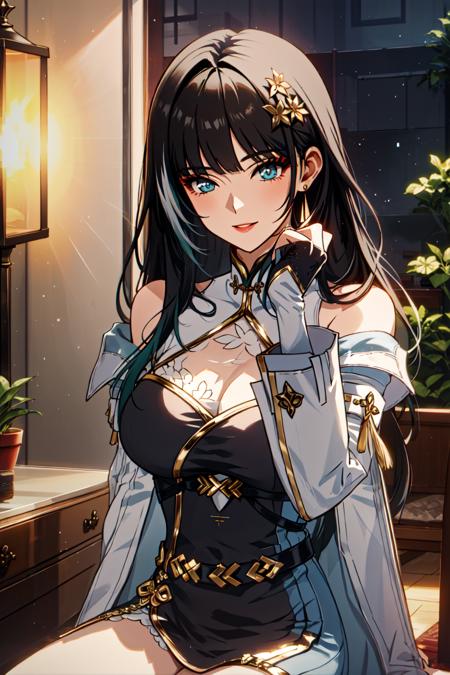 baizhi, green eyes, black hair, white hair, streaked hair, very long hair green hair, gradient hair china dress, cleavage cutout, detached sleeves, bare shoulder, thigh strap, fingerless gloves, hair ornament