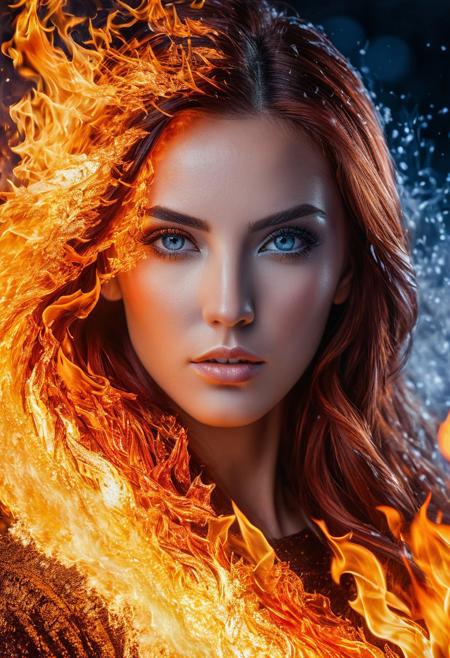 PhotoRealistic, Fire and Ice – A striking portrait of a woman with one side of her face ablaze with fire and the other shimmering with frost, representing the balance of passion and serenity, masterpiece, perfect eyes