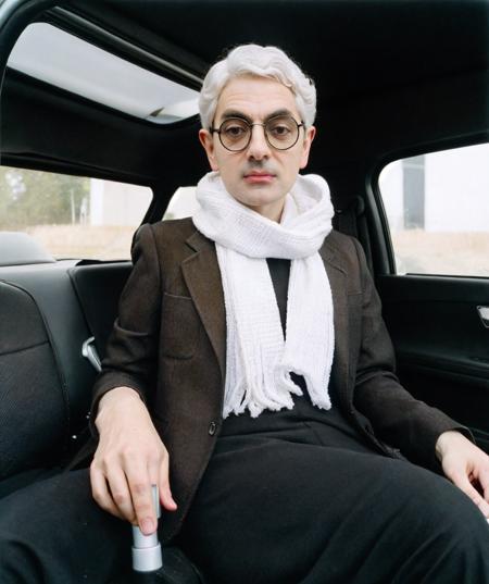 mrbean, white curly hair wig, black long dress, long black pants, lipstick, (black square with white-black chekered frame sunglasses):1.4, , white-black chekered scarf, inside car, sitting down <lora:Mr_Bean-15:0.75>