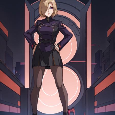 Rin_Suzukaze, 1girl, solo, short hair, purple eyes, blonde hair, hair over one eye, uniform, military uniform, makeup, lipstick, pink lips, high heels, black shoes,black skirt,bare legs,pencil skirt