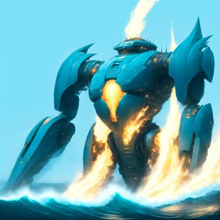 anime Massive Scale Pacific Rim Robot in the Ocean emitting flames, energy (OceanicRim style:1) <lora:djzOceanicRim:0.8)