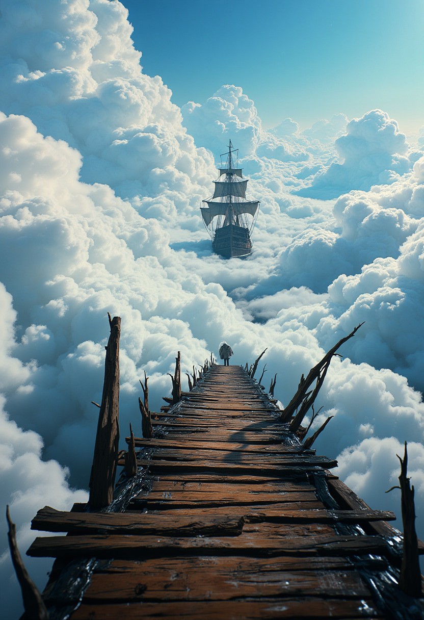 An old-fashioned sailing ship is suspended in the sky amidst towering cumulus clouds. A rickety wooden pier leads from the foreground towards the ship, with its planks appearing worn. A solitary figure stands at the beginning of this pier watching the ship sail away.