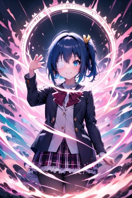 masterpiece, best quality , blue eyes , 
short blue hair , side ponytail, hair ribbon, smile precure!,
eyepatch,lack private high school uniform,black jacket, red plaid frilled skirt , , magic circle, dark magical circle,
Brilliant light effect, Shocking art, Aesthetics and fine arts