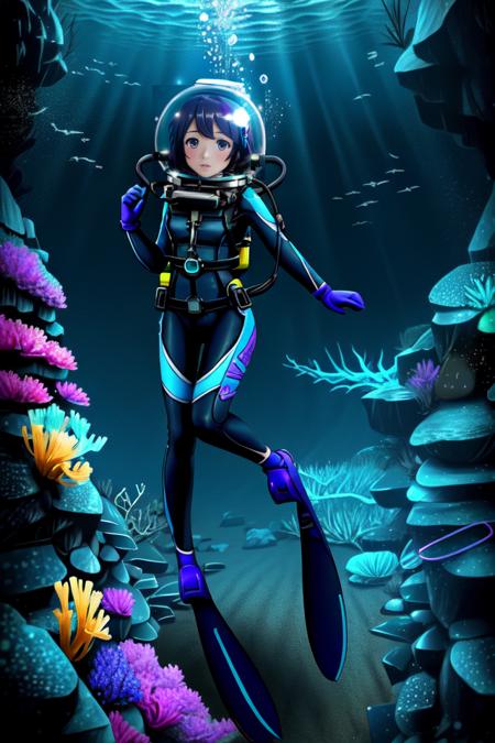 Pretty female scuba diver swimming underwater, ultra detailed, ((full body diving suit)), sharp focus, crystal clear, masterpiece, (1girl), ((underwater)), weight belt, ((lama scuba helmet)), (diving watch), (((deep sea dive))), ocean abyss, dim blue lighting, caustic effects, ((perfect anatomy)), ((perfectly drawn face)), ((perfectly drawn hands)), ((rebreather apparatus)), (black fins), underwater background, anime still, [fish school], [fish], [coral reef], [[high tech wreckage]], in the style of style-nebula, [trippy], <lora:lama_scuba_helmet-10:0.8>