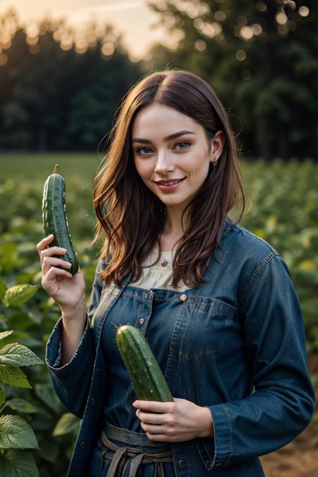 analog photo,photo RAW,(
peasant woman in the field, with an smiling expression, holds long cucumber in her hand, dirty clothes ,look to camera,(bokeh:1.1)
),award winning photography,hyper detailed, intricate, extremely beautiful, photo realistic, rich colours, dark shadows,masterpiece, best quality, highly detailed, natural lighting, beautiful detailed, insanely intricate details, perfect lighting, incredible detail, hypermaximalistic, natural balance color, 8k, ultra detailed, beautiful and aesthetic, extremely detailed, elegant, atmospheric