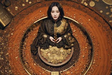 jinbi,(1girl:1.21),black dress with gold coins,(furnace:1.3),surrounded by gold coins and coins in the background is a pile of coins and a pile of coins,black background,chaise longue,