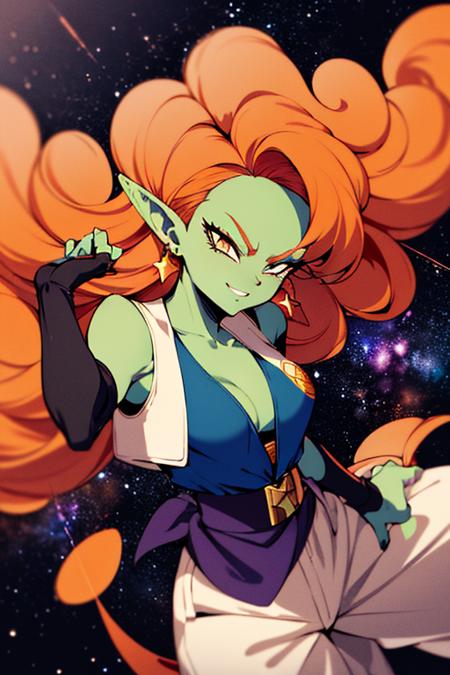 ((masterpiece,best quality)), absurdres, 
<lora:Zangya_DB:0.7>, Zangya_DB, solo, 1girl, green skin, long orange hair, white baggy pants, vest, sash,  black arm warmers, 
detailed face, smug,  
space and stars in background, cinematic composition, dynamic pose,