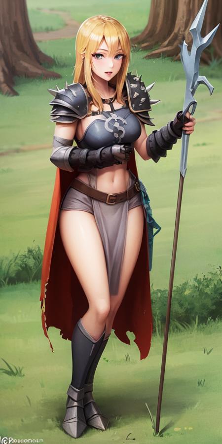 1girl, sexy, blonde hair, armor,weapon, solo, polearm,  spear, holding, boots, long hair, pauldrons, shoulder armor, holding weapon, holding polearm, grass background, happy, cape