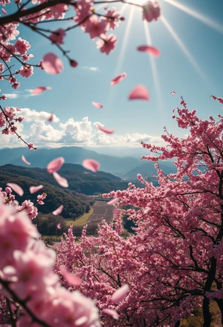 cherry blossoms, sakura petals floating in the wind, beautiful scenery, valley, sakura cherry blossom trees, sacred realm, mountains in distance, clouds, sunshine, light rays, beautiful saturated colors, 
depth of field, masterpiece, best quality, 8k, ultra-detailed, very aesthetic, superb composition, finest details, intricate details, absurdres, high contrast,