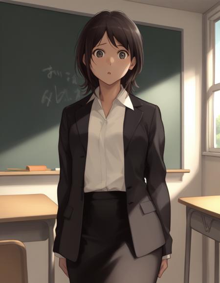 takahashi maya, skirt suit, black jacket, white shirt, pencil skirt, pantyhose